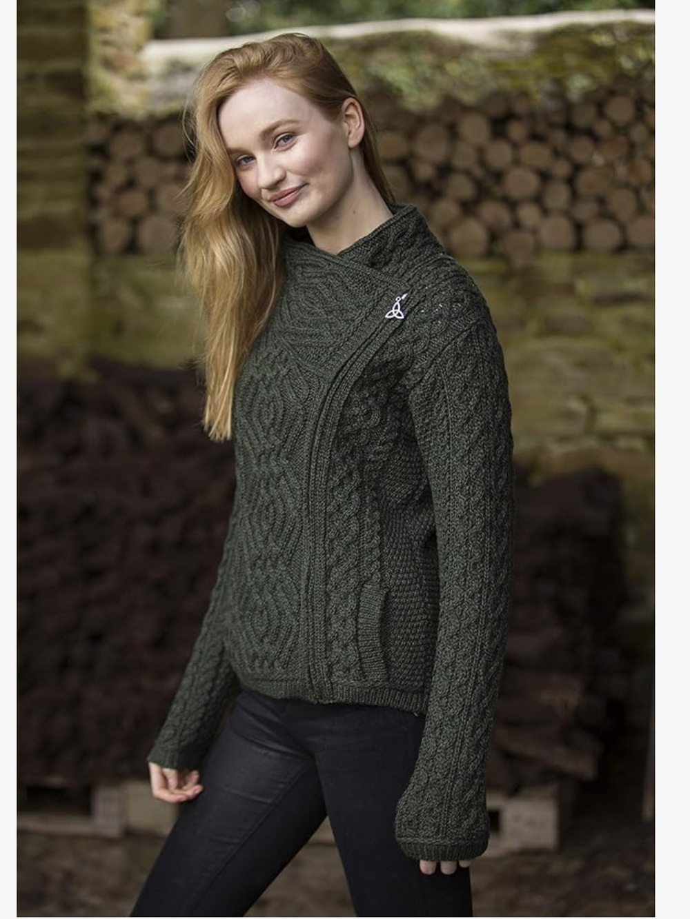Aran Crafts Women's Irish Cable Knitted Wool Side Zip Cardigan Army Green NWT S